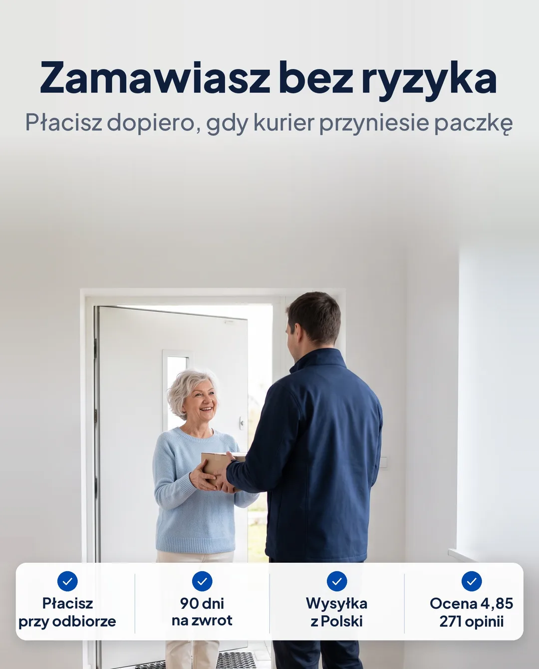 Kurier podaje paczkę uśmiechniętej kobiecie – płacisz przy odbiorze, 90 dni na zwrot, wysyłka z Polski, ocena 4,85