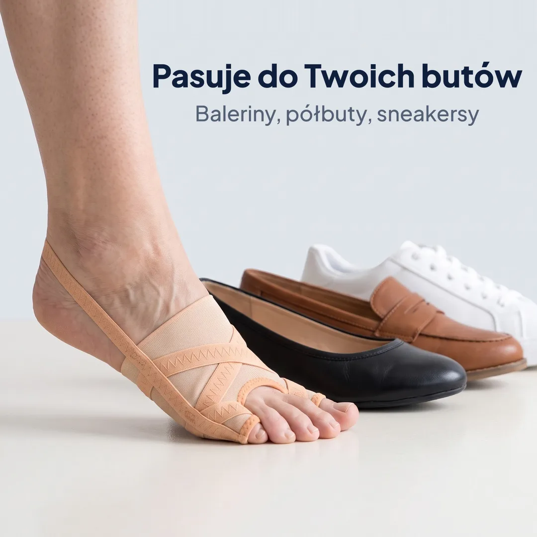 Stopa z korektorem HalluX obok balerin, półbutów i sneakersów – pasuje do Twoich butów