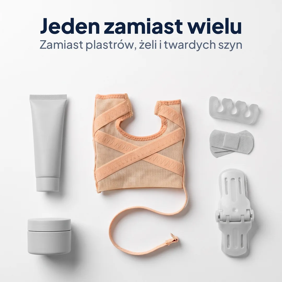 Korektor HalluX obok kremu, żelowego separatora, plastrów i twardej szyny – jeden zamiast wielu